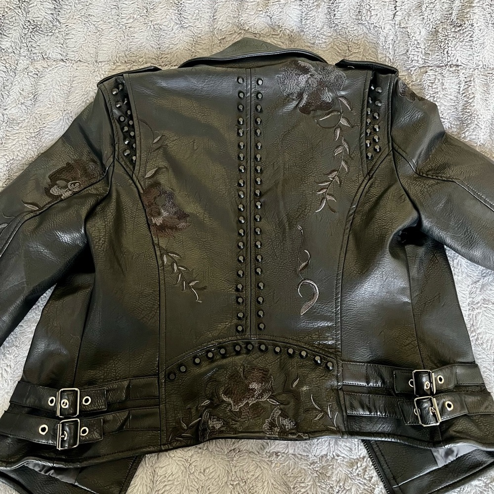 VIGOSS Embroidered, Faux Leather Jacket Medium Black